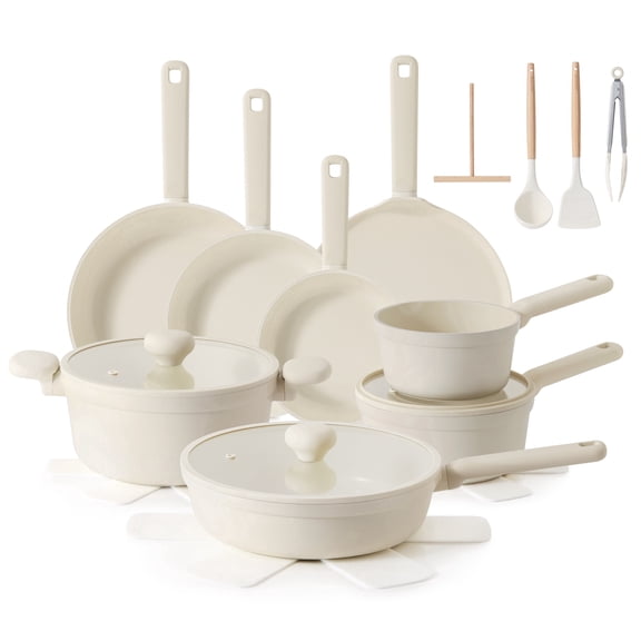 SENSARTE 24-Piece Ceramic Pots and Pans Set, Cream White Induction Nonstick Cookware Set, Healthy Kitchen Cooking Sets with Stay-Cool Handles, Dishwasher Safe, Stackable