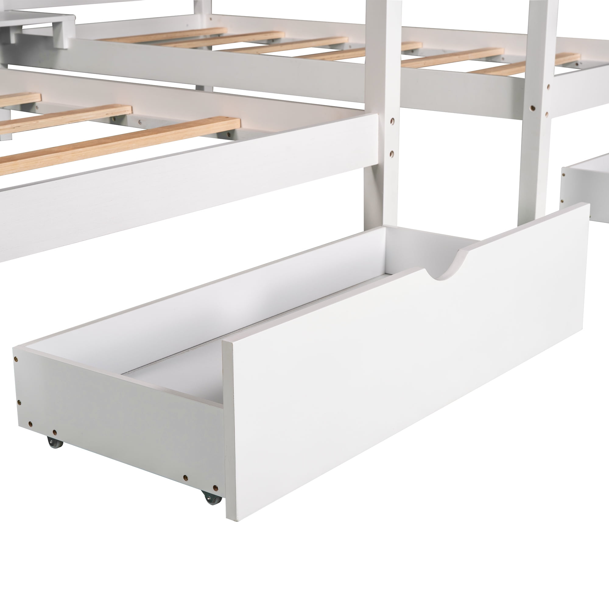 Double Twin Size Bed Frame, Canopy Bed Frame with Two Drawers, Two