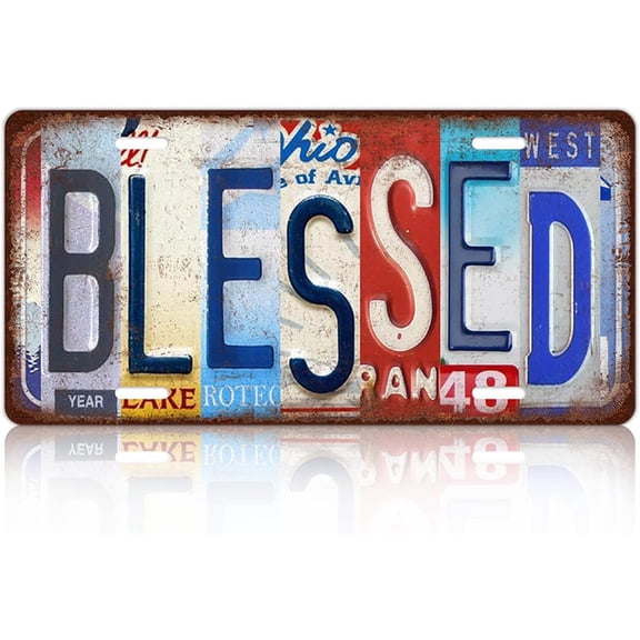 Vintage Blessed Home Garage Vintage License Plate Sign, Wall Plaque, Metal Tin, 12 x 6 Inch