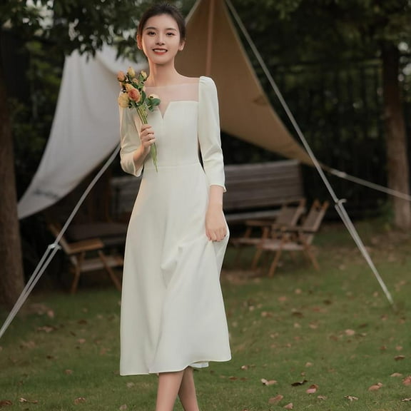 Certificate Registration Casual Wear Simple French Style Long Sleeve Little White Dress Engagement Dress Light Wedding Dress Satin Dress