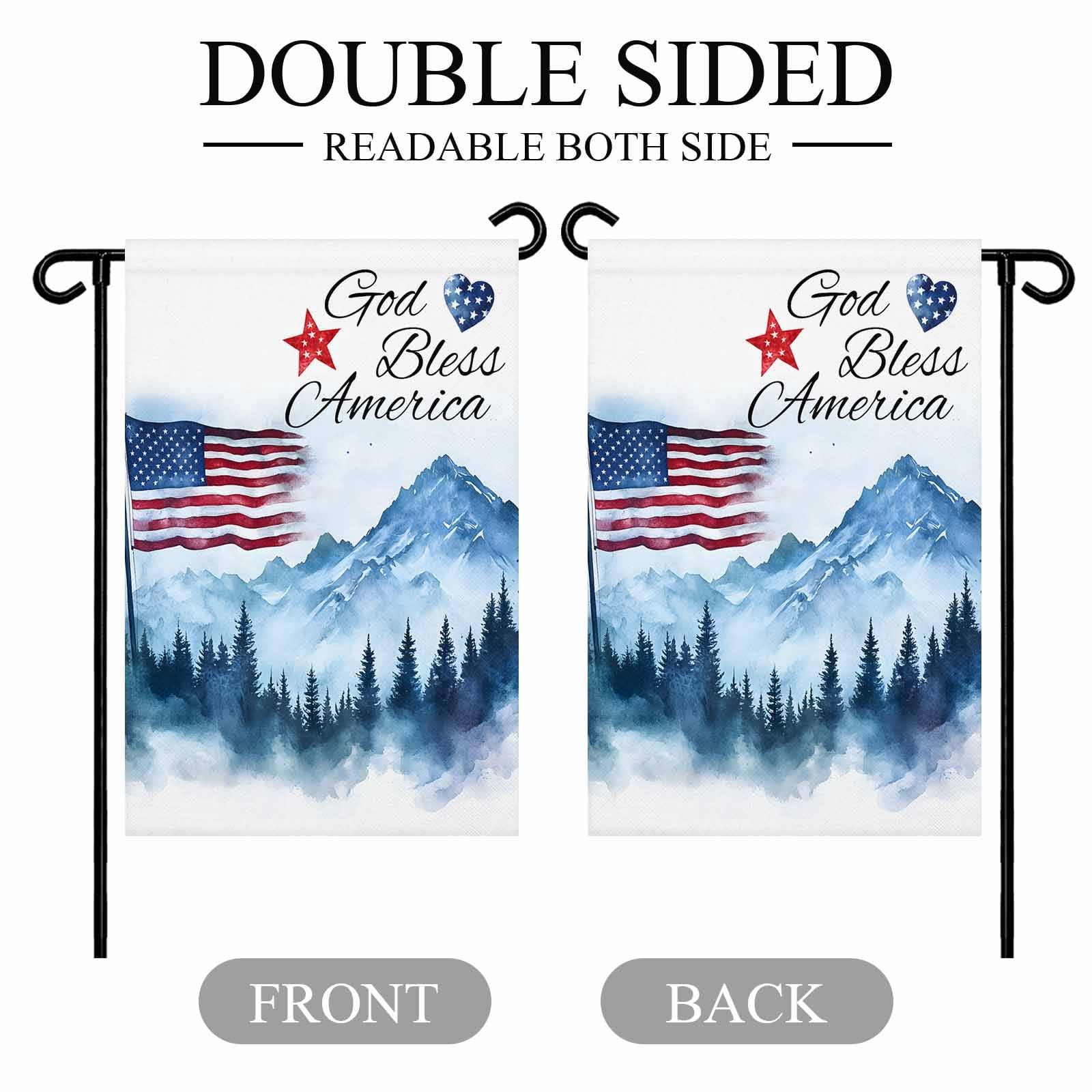 Independence Day Garden Flag 28x40 Inch God Bless American Mountains Double Sided Small Decorative Garden Flags for Outside, Outdoor Yard Porch Lawn Decoration