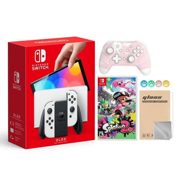 2021 New Nintendo Switch OLED Model White Joy Con 64GB Console Improved HD Screen & LAN-Port Dock with Splatoon 2 And Mytrix Wireless Switch Pro Controller and Accessories