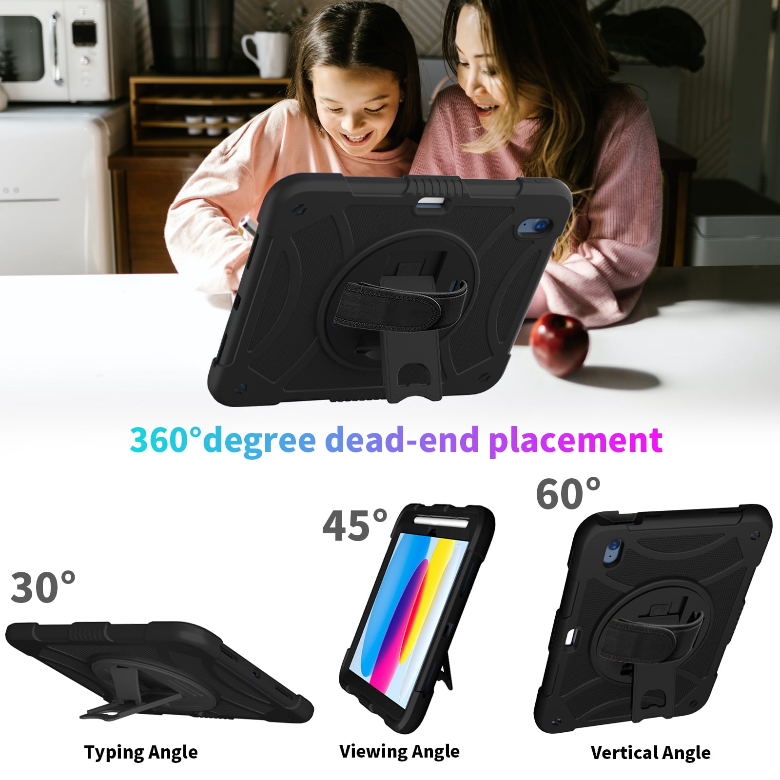 kids Case for iPad (A16) 11th Generation 11 Inch (2025), iPad 10th Generation 10.9 Inch (2022) Case, Military Grade Drop Protection with Hand/Shoulder Strap Rotating Stand Pencil Holder, Black