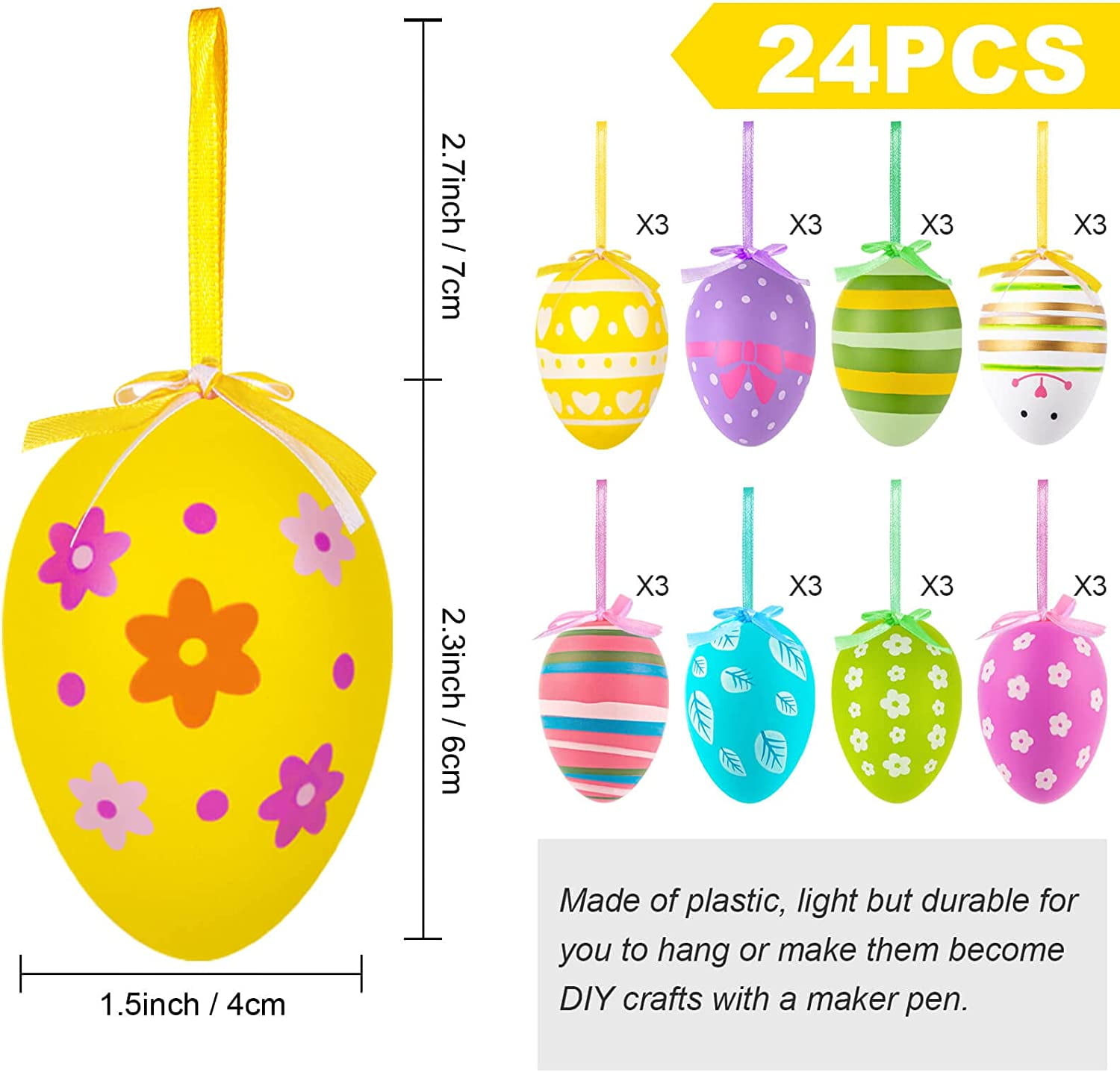 Easter Tree Ornaments, 24pcs Multicolored Hanging Plastic Easter Eggs Easter Tree Decorations Hanging Easter Eggs, Hand Painted Eggs Easter Ornaments for Tree Basket DIY Crafts Easter Party Favors