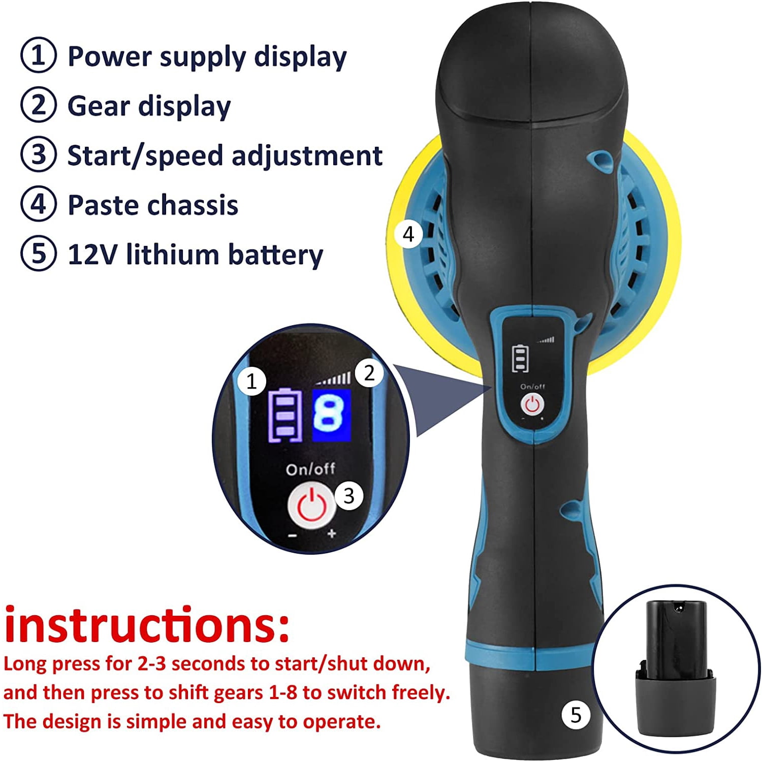 Prociv Cordless Buffer Polisher, 5 Inch Orbital Polisher for Cars, 8 Variable Speed 5500RPM, 2 PC 12V Rechargeable Battery, Wireless Car Waxing Tool for Car Detailing