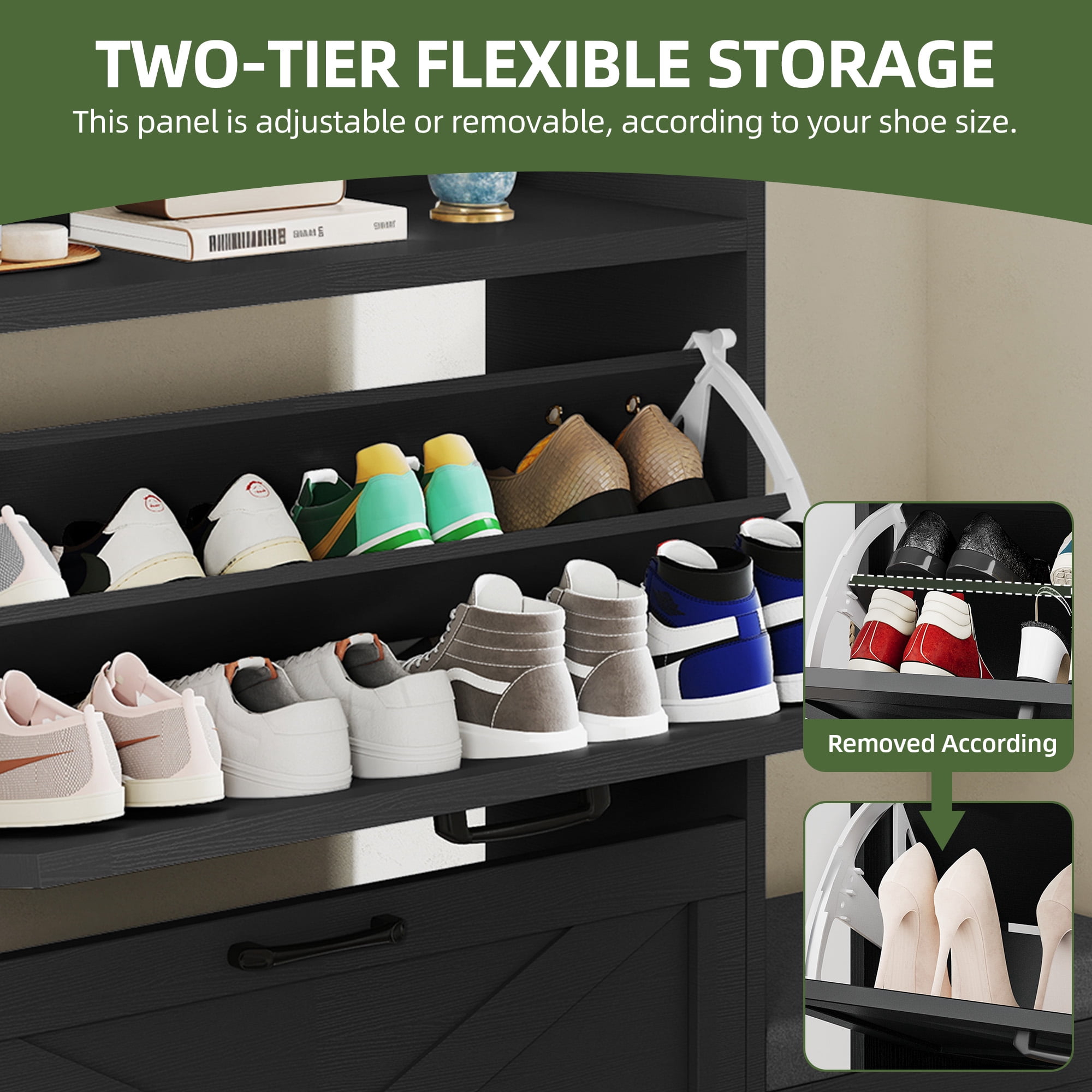 Uforic Farmhouse Narrow Slim Shoe Storage Cabinet with 2 Flip Drawers&Shoe Bench for 16 Pairs for Entryway, Foyer, Black