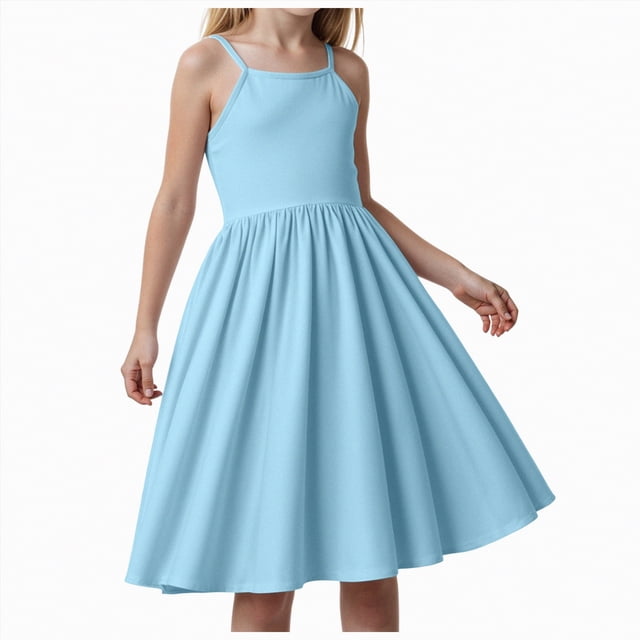 Gubotare Girls Dresses Summer Ruffle Girl's Flowy Dress Ruched Sleeveless Layered Ruffle Short Smocked Summer Dresses Size 8-9 (Blue,8-9 Years)