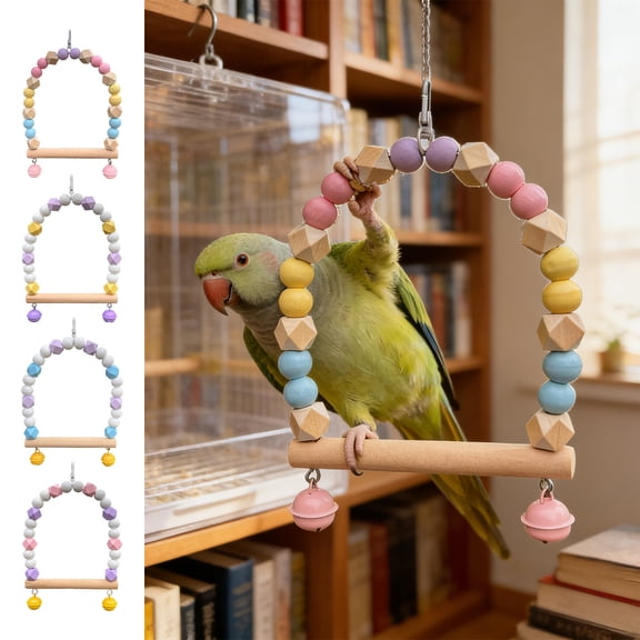 Parrot Claw Sharpening Stand Perch – Wooden Frosted Sandstone Swing Stick, Colorful Beads, Hanging Exercise Toy, 21×13cm, Durable Bird Accessory
