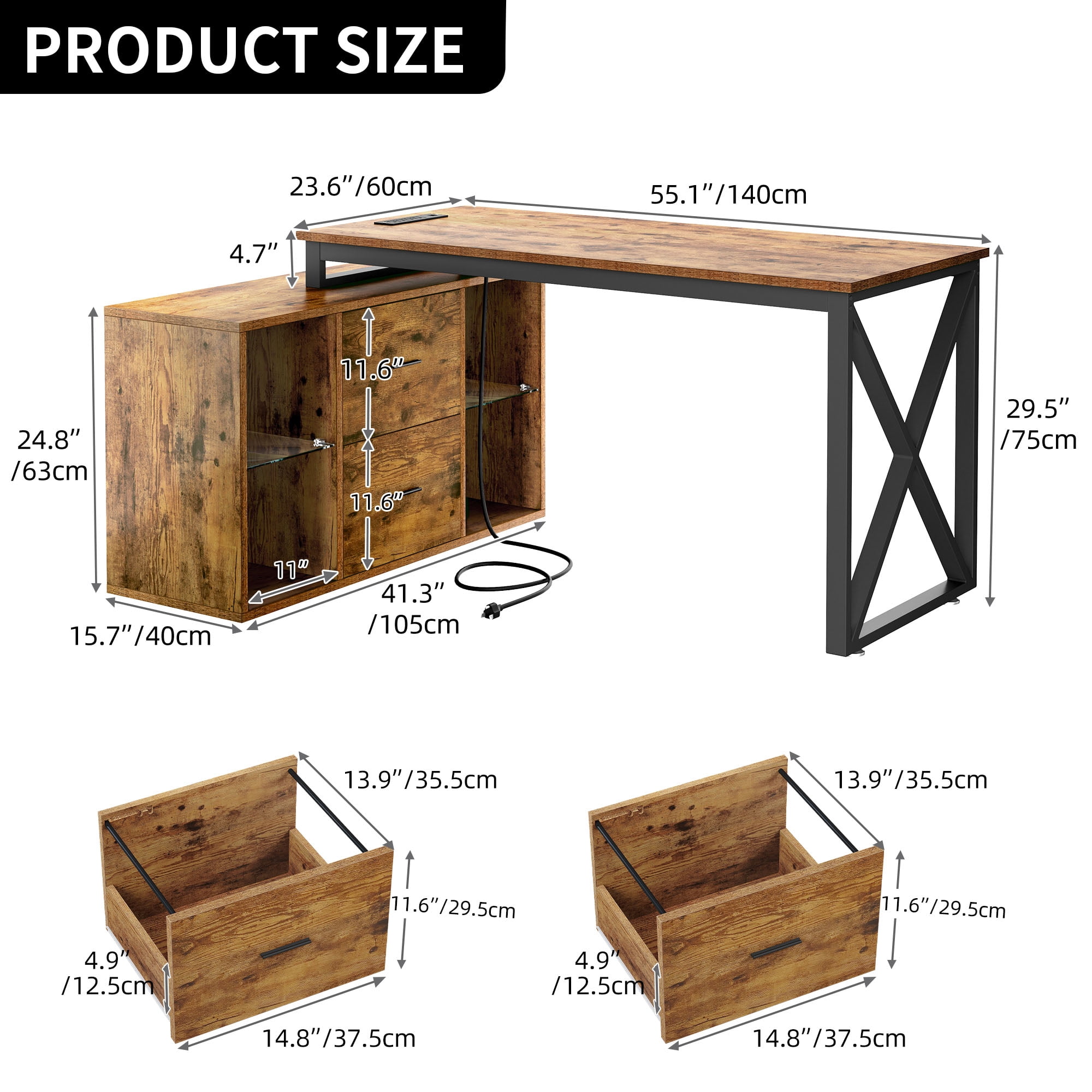 Dextrus L Shaped Desk with LED Light & Power Outlets, 55 inch Reversible Corner Desk with File Cabinet & Storage Shelves, Computer Desk Office Desk Writing Desk, Brown