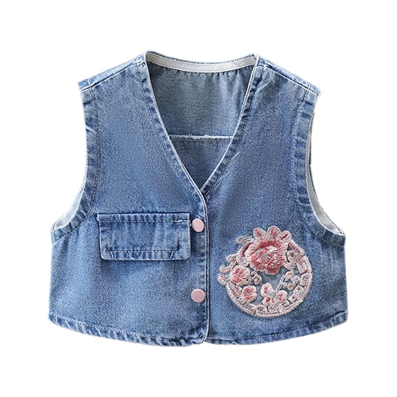 Edvintorg Toddler Girl Clothes Cute Embroidery Sleeveless Denim Vest Spring Fall Lightweight Jean Jacket for Girls 18M-14Y