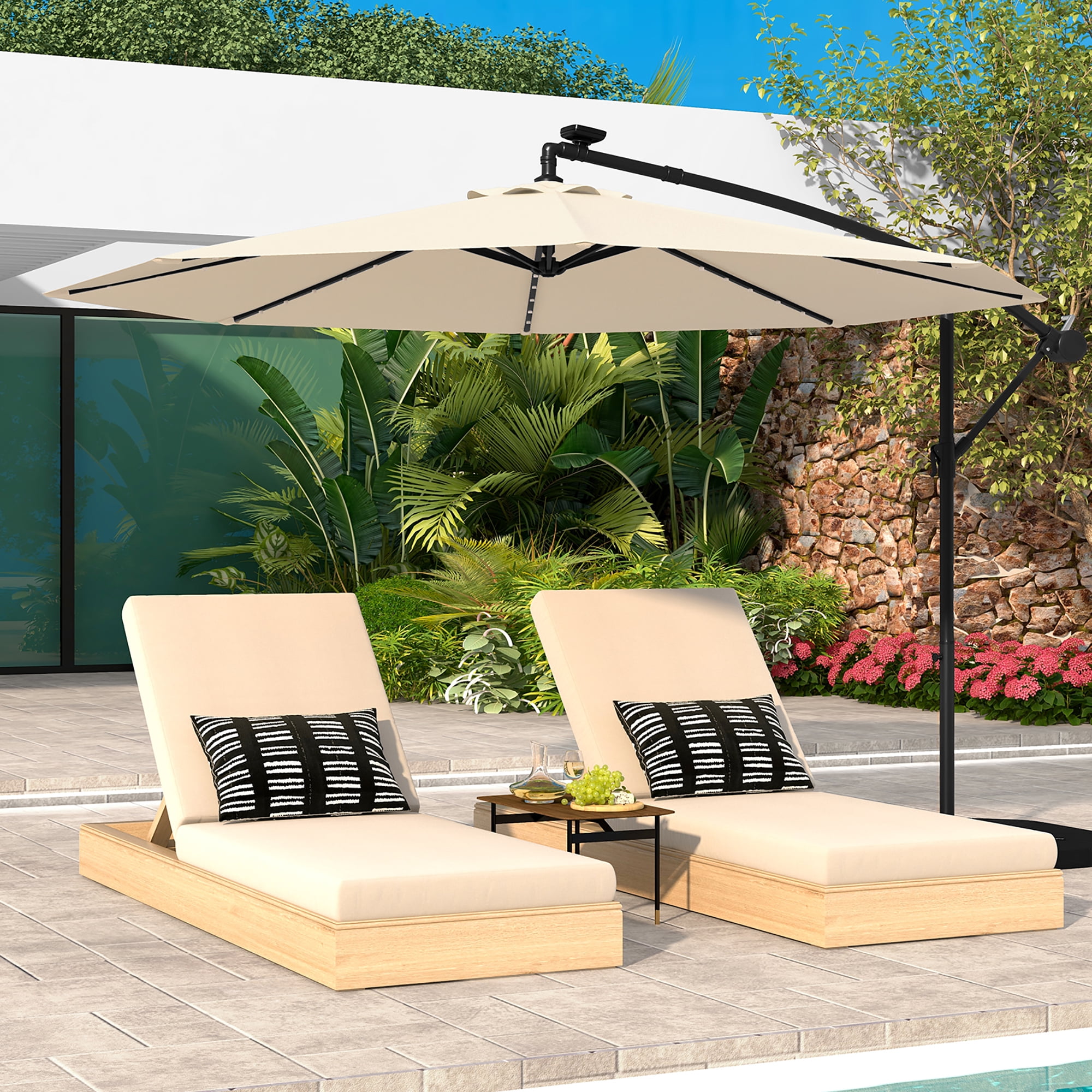 Gymax 10 ft Patio Offset Umbrella w/ Solar Lights Deck Umbrella w/ Easy Tilt Adjustment Beige