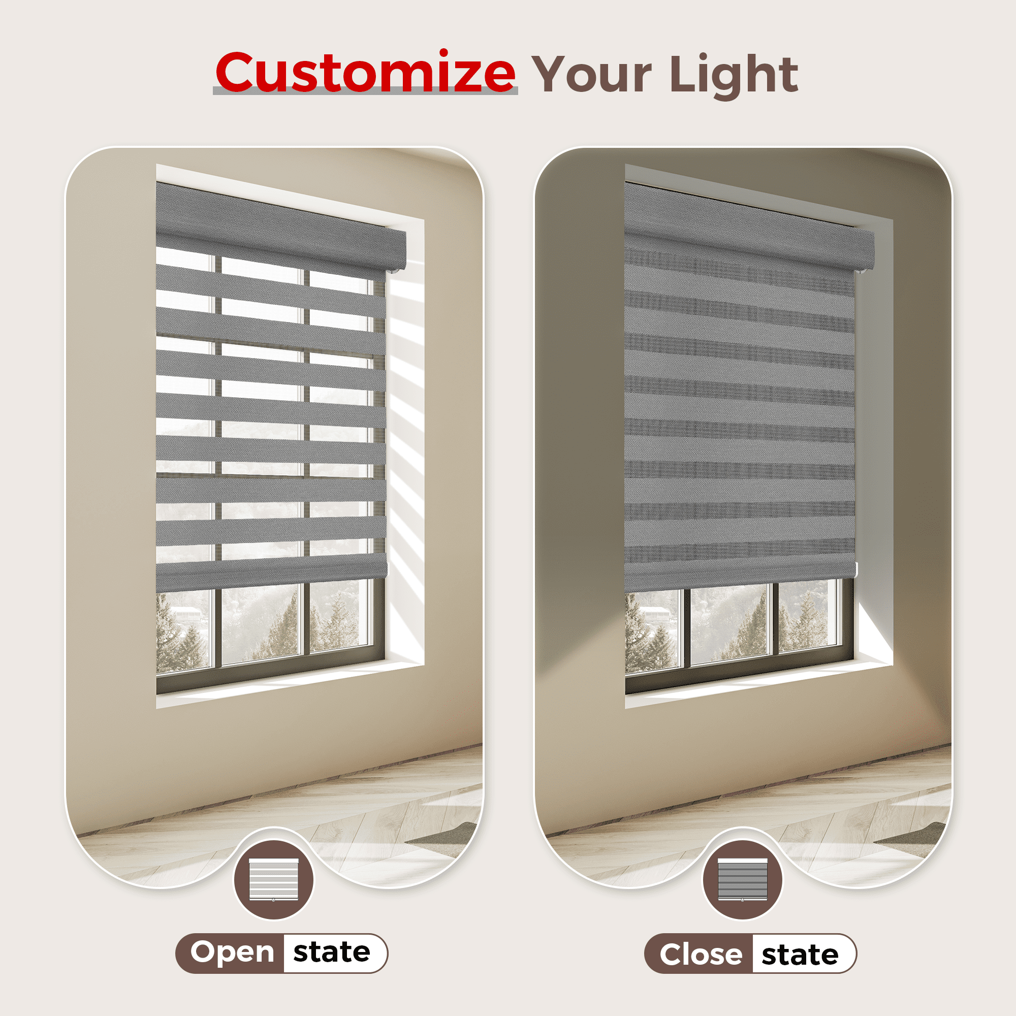 Allesin Zen No Drill No Tools Cordless Zebra Blinds, Gray, 34.5"Wx72"H