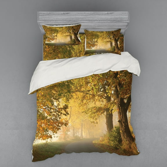 Woodland Duvet Cover Set, Rural Road in a Misty Autumn Morning Countryside Pathway Scenery Natural, Bedding Set with Shams and Fitted Sheet, 3 Sizes, by Ambesonne