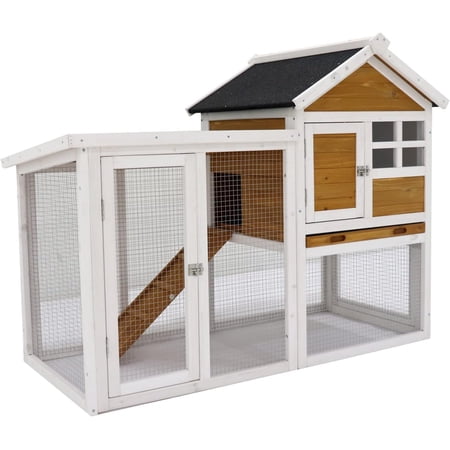 48" Large Bunny Hutch Rabbit Hutch Outdoor Indoor Weatherproof Rabbit Bunny Cage with Run Wooden Pet Guinea Pig Hen House Chicken Coop Box Enclosure Outside for Small and Medium Animals, White+Yellow