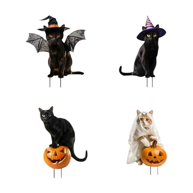 4 estatuas de gato, estacas de jardín, esculturas de animales, decoraciones de Halloween, figuras de gatito de metal, inserto de suelo para césped de