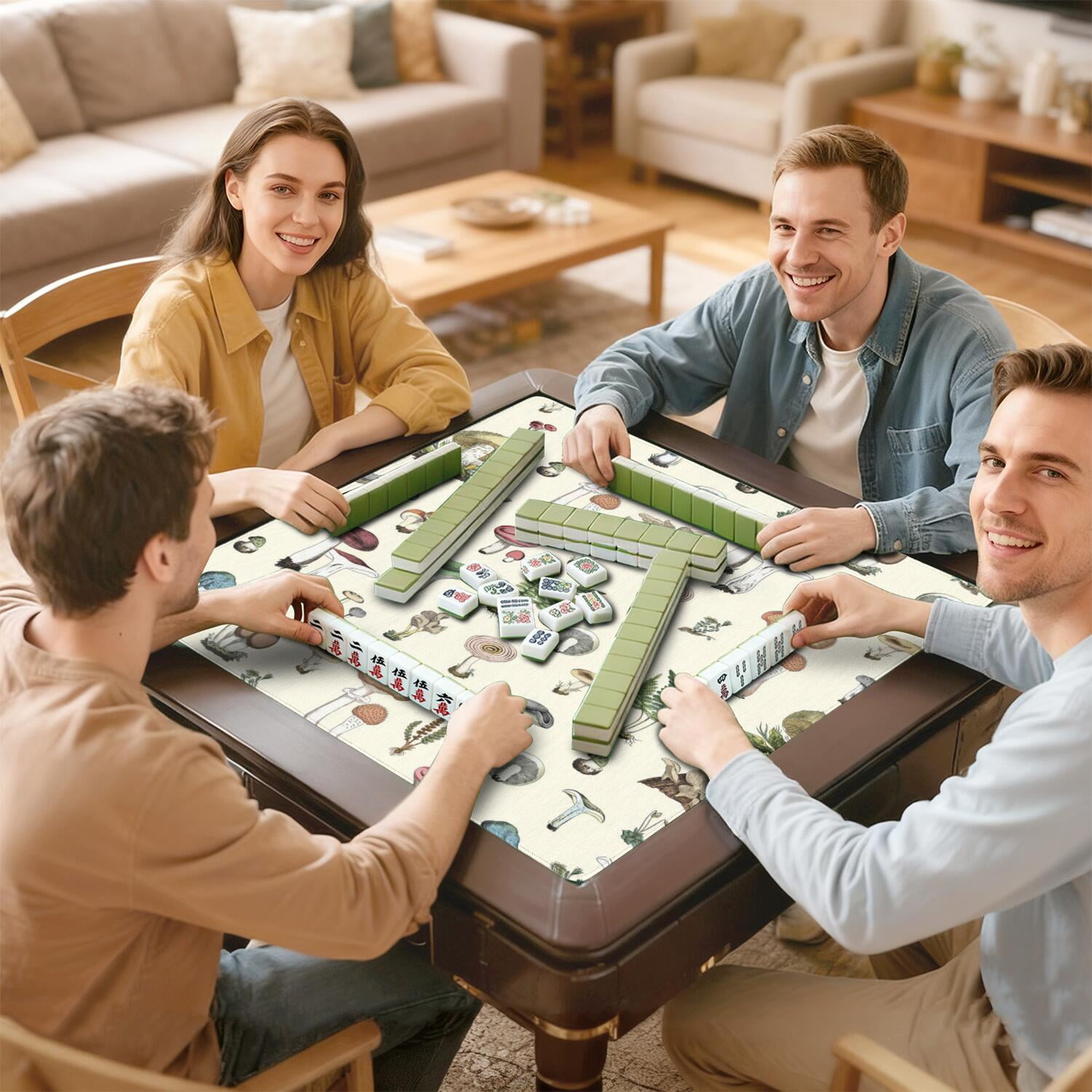 31.5 Inch Square Plants Pattern Game Mat Constructed from Rubber with Anti-Slip Backing Grip and Noise Dampening Qualities for Mahjong Board Games Card Games