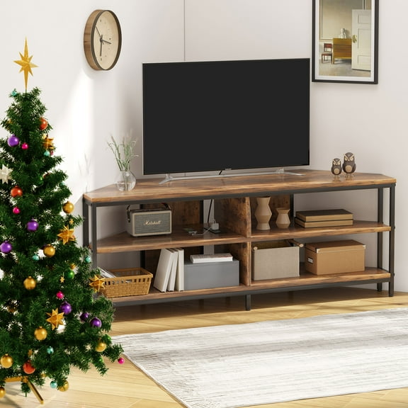 BREEZEHEAT  Corner TV Stand with Metal Leg for TV up to 55 in, French Oak Grey