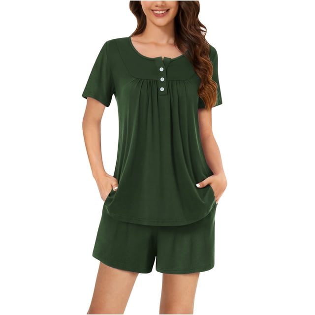 AherBiu Ensembles de Pyjama pour Femmes 2 Pcs Bouton Col Rond Hauts Ensemble Pjs Shorts Confortables Vêtements de Nuit