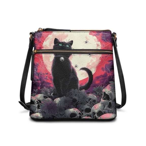 Kuiaobaty Kitten Skull Dasiy Spider Print Crossbody Bag for Women, Trendy Multi Pocket Vegan Leather Crossbody Purse with Adjustable Strap, Lightweight Shoulder Handbag for Halloween