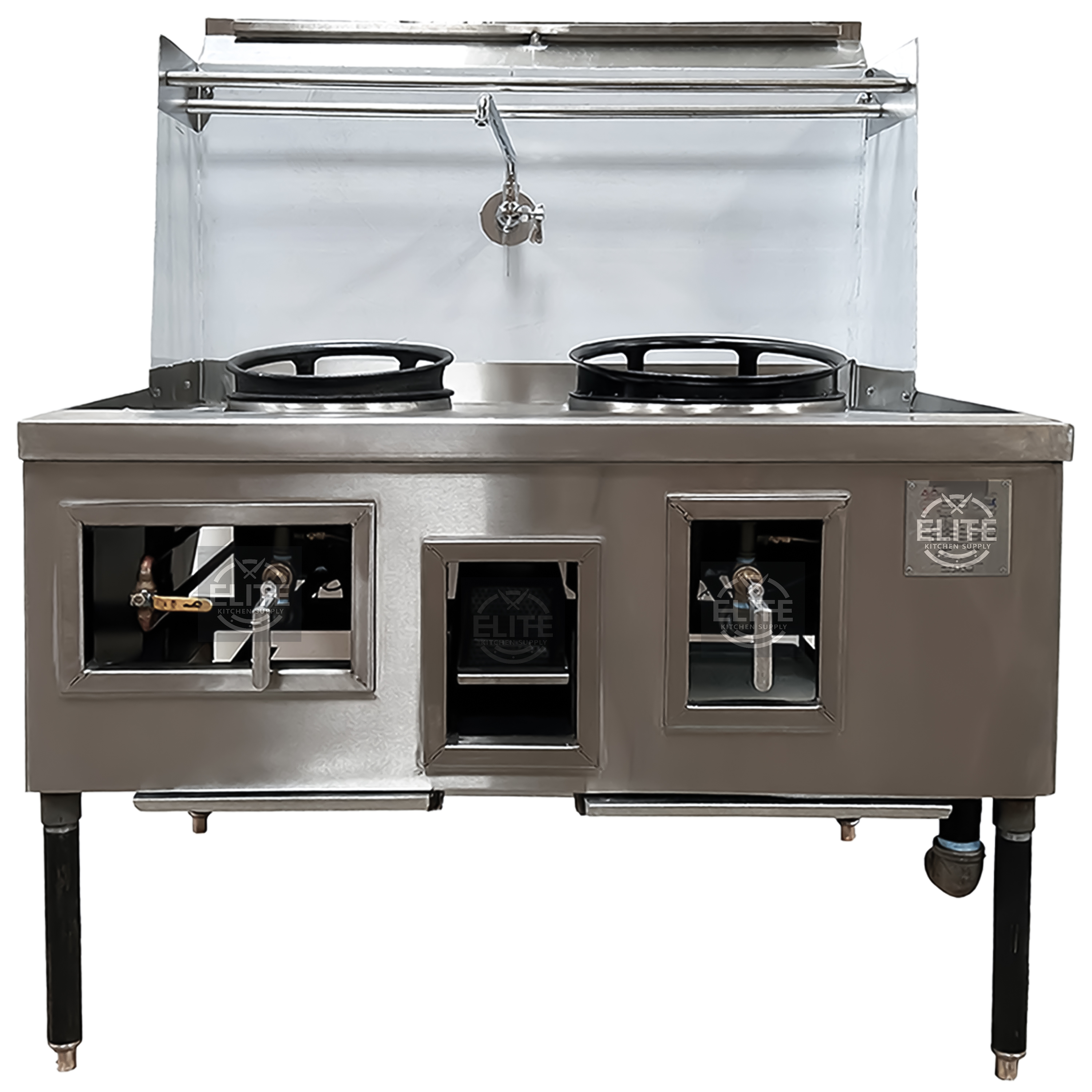 NSF Certified 47.5" 2-Hole Chinese Wok Range – 13" & 16" Ring Burners with Auto Faucet & Backsplash