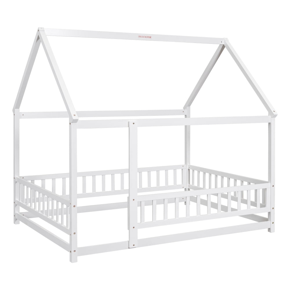 Full Size House Bed, Solid Wood Montessori Floor Bed, Kids Toddler Montessori Bed Frame with Roof Design and Full-Length Guardrail, Playhouse Floor Bed for Kids Girls Boys, White