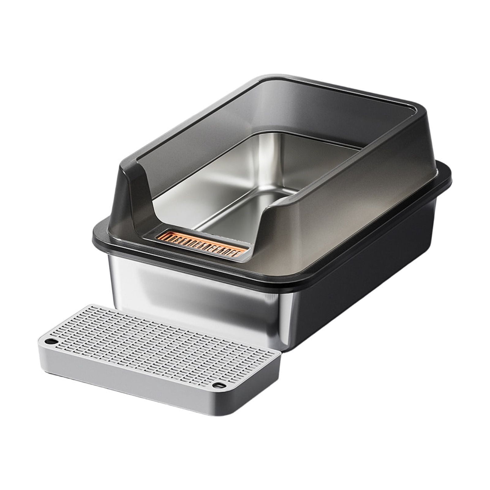 Stainless Steel High Sided Litter Box, Large Open Top Cat Litter Pan with Step Platform, Odor Resistant & Easy Clean, Non-Slip Kitty Tray with Scoop for Small & Large Cats