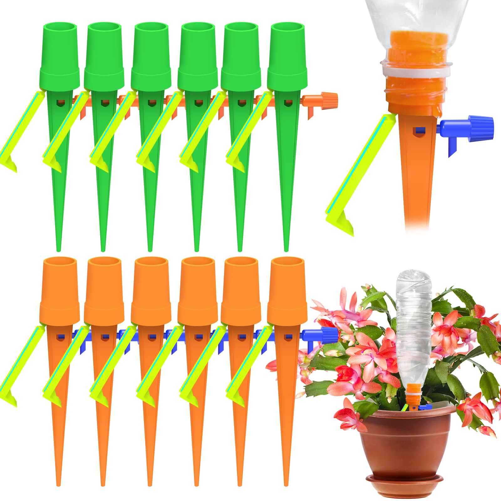 Indoor Outdoor Plastic Bottle Automatic Garden Plants Drip Irrigation Slow Release System/Works as Watering Bulbs or Globes Stakes with Screw Valve-12 Pack Adjustable Self Plant Watering Spikes 