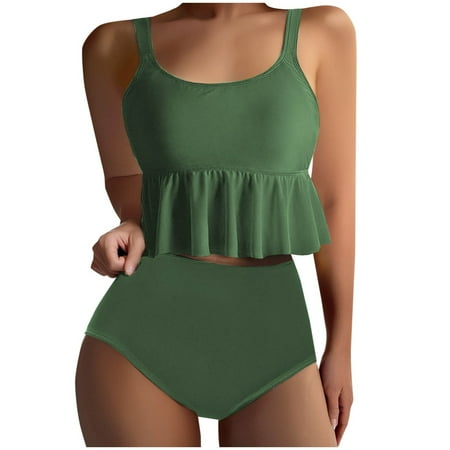 Taqqpue Swim Suits for Women 2025 Tankini Swimsuits High Waisted Bikini Sets Two Piece Swimsuits Tummy Control Bottun Ruffled Flounce Tops Scoop Neck Cheeky Bathing Suits