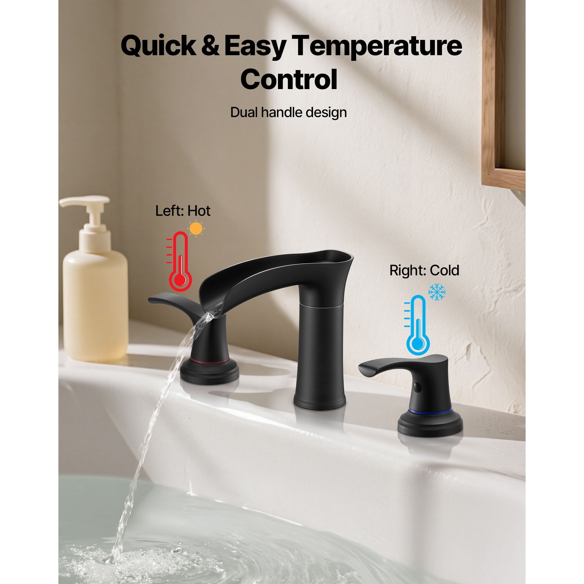 KFFKFF Roman Tub Faucet, 3-Hole Waterfall Bathtub Fixture, Zinc Alloy Bath Faucet Set with Dual Handles, Deck-Mounted Tub Faucet for Washing Pets, Baby Care, and Adult Bathing, Matte Black