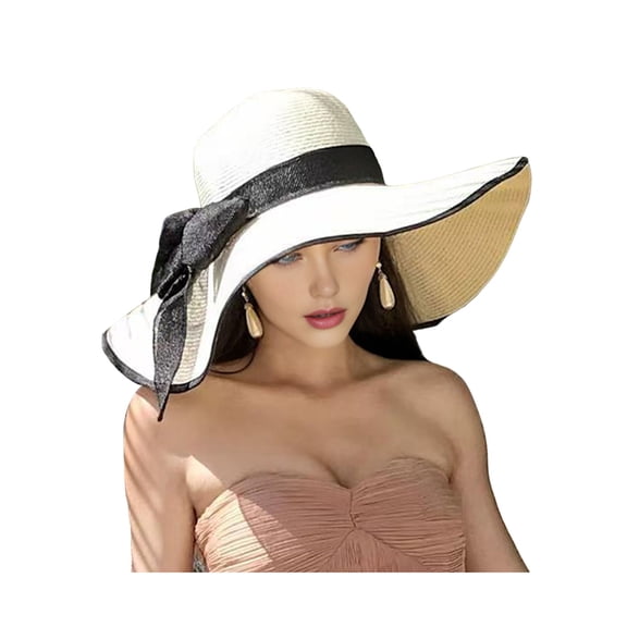 Xinwanna Women Straw Hat Wide Brim Breathable Lightweight Sun Protection Hat with Lace-up Bowknot Decor Sun Hat (White)