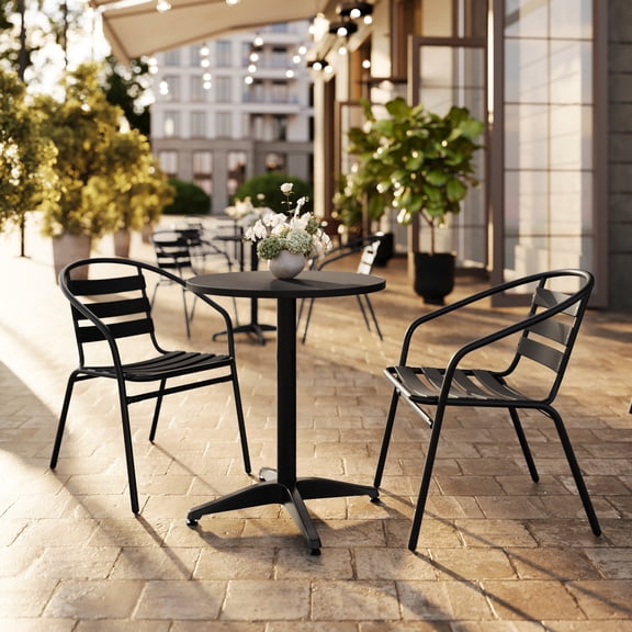 Flash Furniture 23.5'' Black Round Aluminum Indoor-Outdoor Table Set with 2 Black Slat Back Chairs