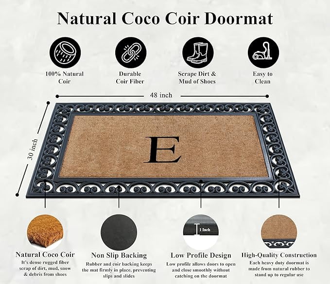 A1HC 30"x48" Natural Coir & Rubber Paisley Monogrammed Door Mat, Heavy-Duty, Low-Profile, Anti-Shed Outdoor Entrance Mat