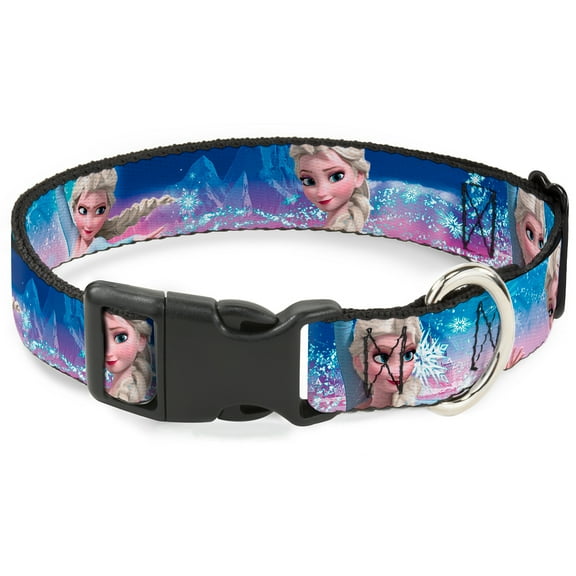 Disney Pet Collar, Dog Collar Plastic Buckle, Elsa the Snow Queen Poses Castle Snowy Mountains Blue, 7 to 8.5 Inches 0.5 Inch Wide