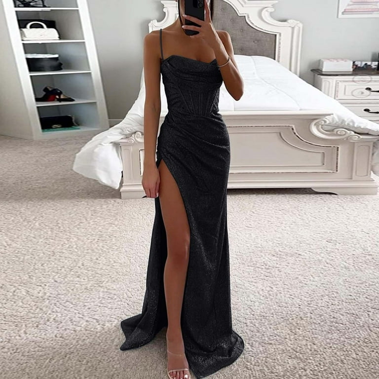 Fsqjgq Wedding Guest Dresses for Women Elegant Sequin Spaghetti Strap  Backless Prom Dress Split Ruffle Black Dresses Long Evening Party Dress S -  Walmart.com