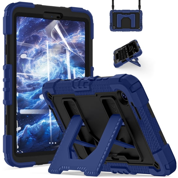 Dteck Case with Soft Screen Protector for Samsung Galaxy Tab A11 8.7 Inch 2025 (X133/X135)/A9 2023 (X110/X115/X117),Heavy Duty Kickstand Case with Shoulder Strap Shockproof Cover ,Navy Black