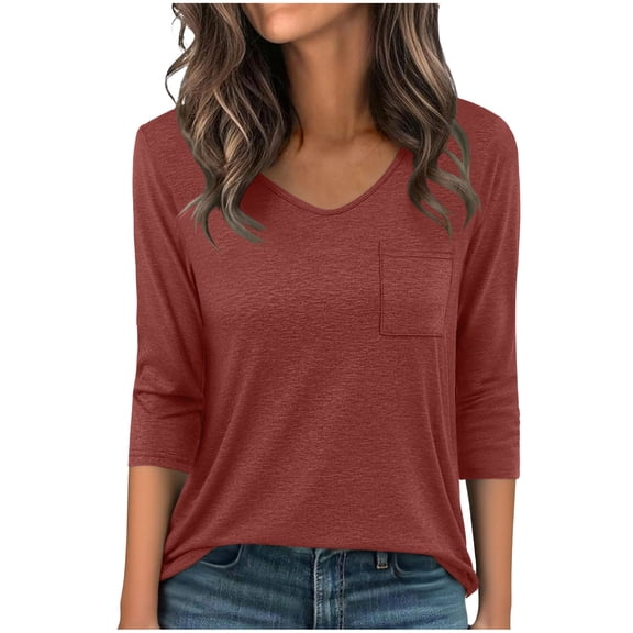 yillto Women Basic Tops 3/4 Sleeve Tunic Shirts with Pockets V Neck Plain Lightweight Spring Summer Tee Tshirts