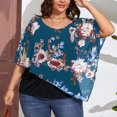 thumbnail image 3 of Estampado Casual Chal Top Cuello Redondo Asimétrico Transpirable Gasa Chal Blusa para Fiesta Compras Viajes Azul 4XL, 3 of 8