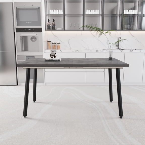 Pinovk 55.12-70.87"expandable modern kitchen dining table, rectangular MDF dining table for 4-6 people, medieval industrial style, with black metal legs, suitable for home&kitchen (gray)