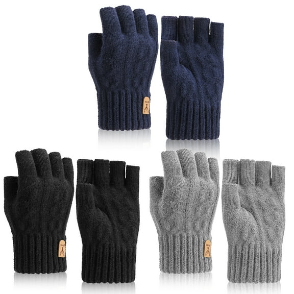 Bocaoying 3 Pairs Winter Fingerless Gloves, 3 Colors A Thermal Knitted Half Finger Mittens Warm Stretchy Gloves, Working Tying Driving Half Finger Gloves for Men Women Cold Weather
