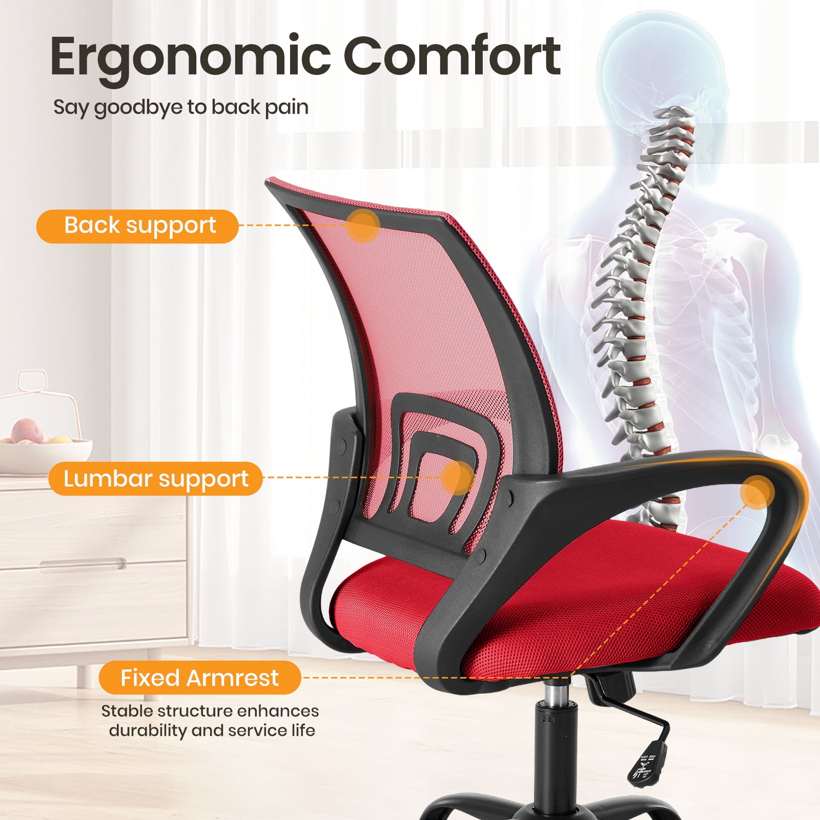 Gianna Ergonomic Office Chair, Mid-Back with Lumbar Support, Rocking and 360° Swivel for Home, Gaming, or Office