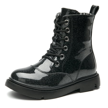 

DADAWEN Boys Girls Combat Boots Kid Ankle Boots Lace up Boots Inner Side Zipper Fashion Glossy Black 10.5 Little Kid