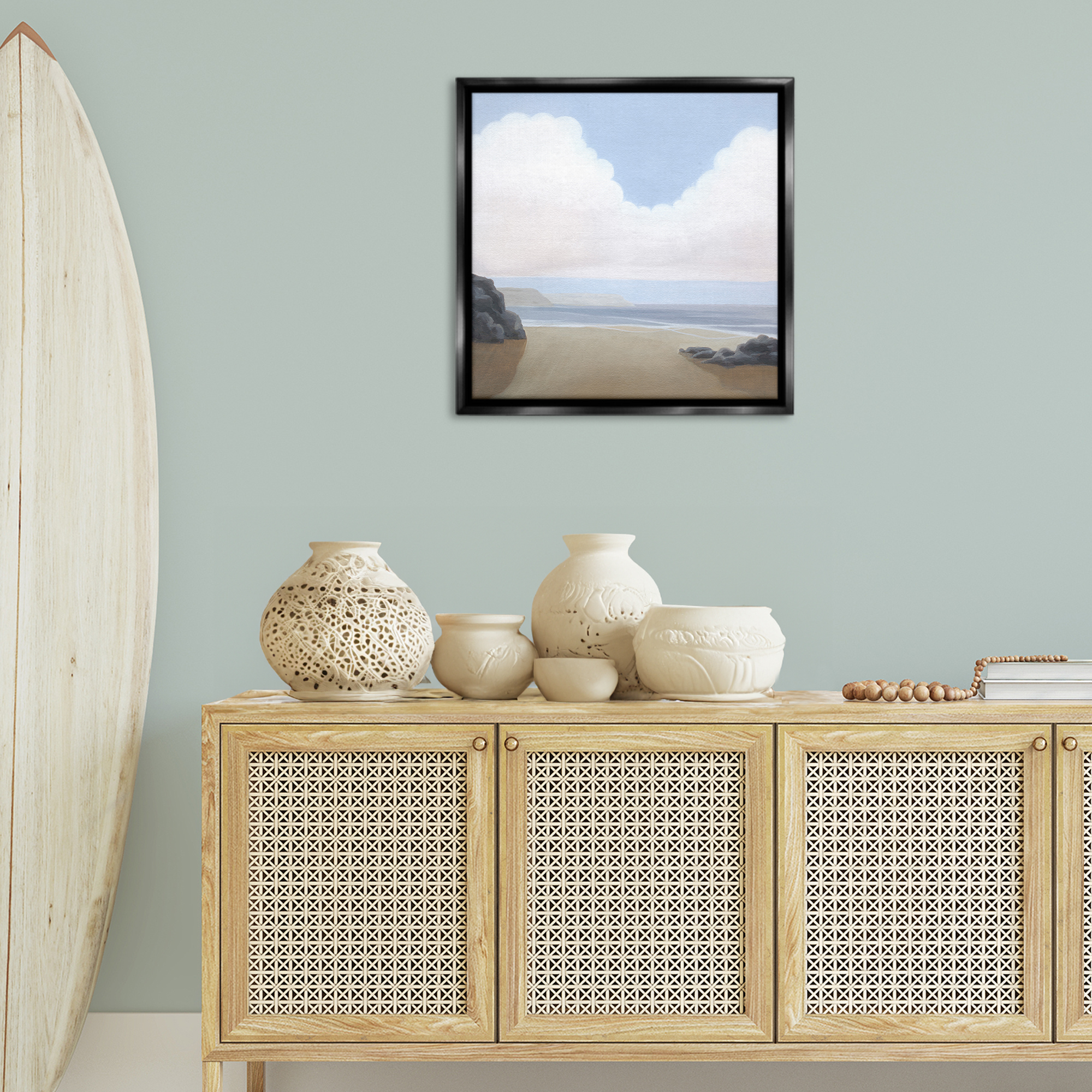 Stupell Industries Fluffy Clouds Over Beach Landscape Painting Black Floater Framed Canvas Art Print Wall Art, 25 x 25