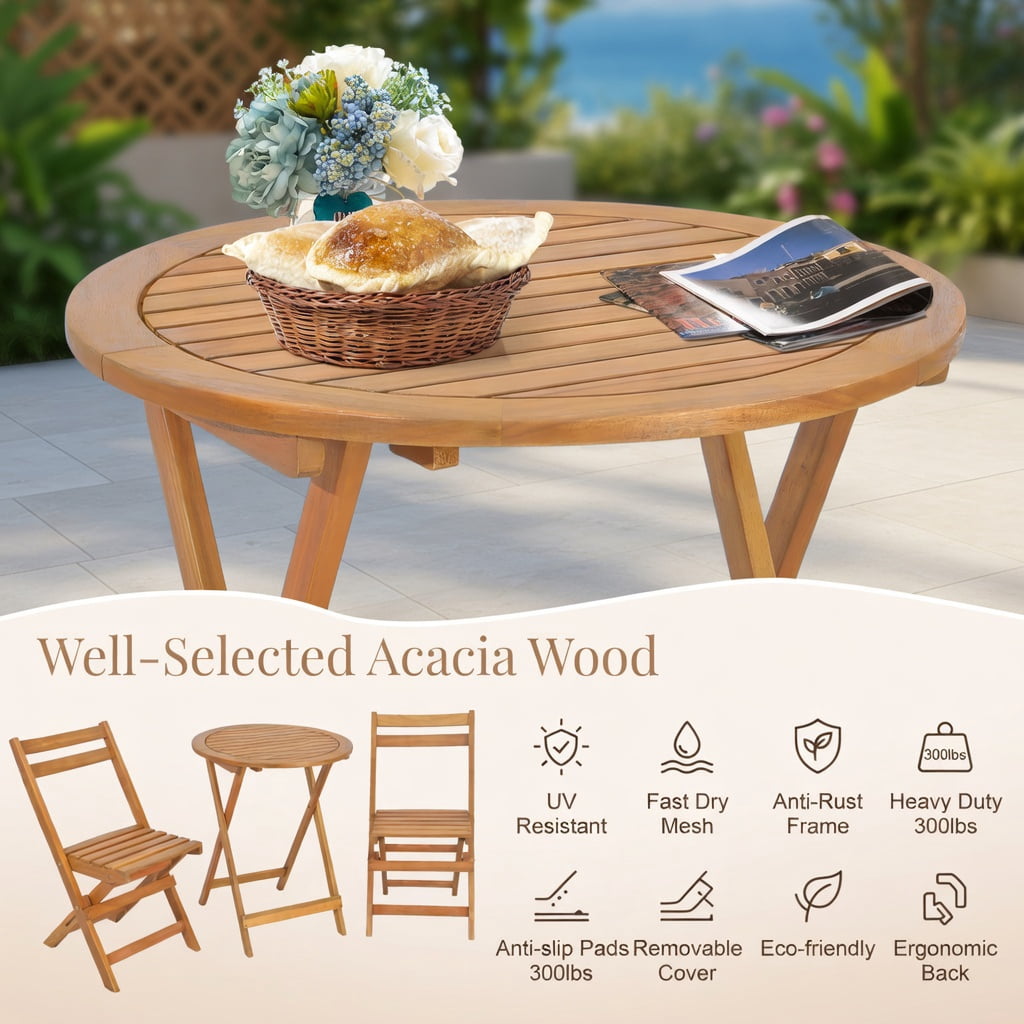 Hommoo 3-Piece Foldable Acacia Wood Patio Bistro Set, Slatted Table & Comfort-Curved Chairs for Poolside, Garden & Small Outdoor Spaces, Natural