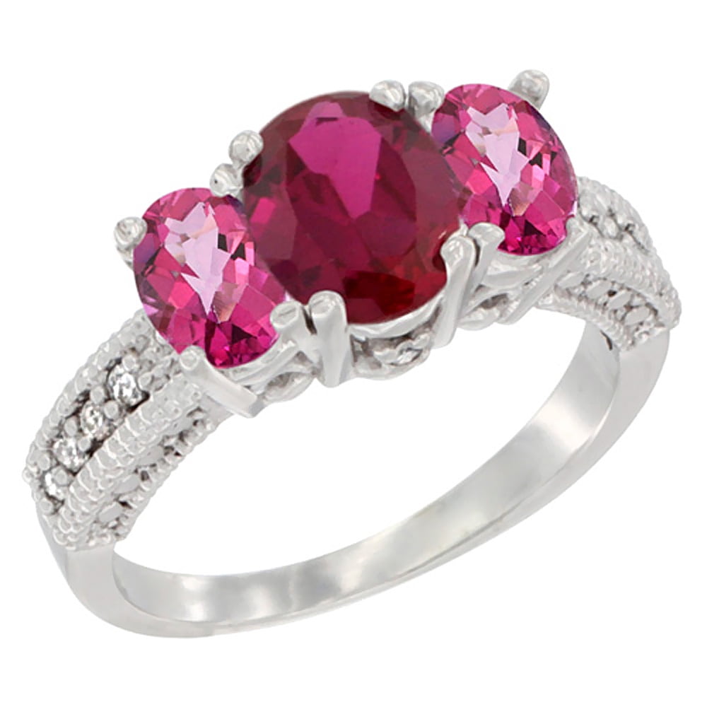 14K White Gold Diamond HQ Ruby Ring Oval 3-stone with Pink Topaz, size 5.5 by Gabriella Gold