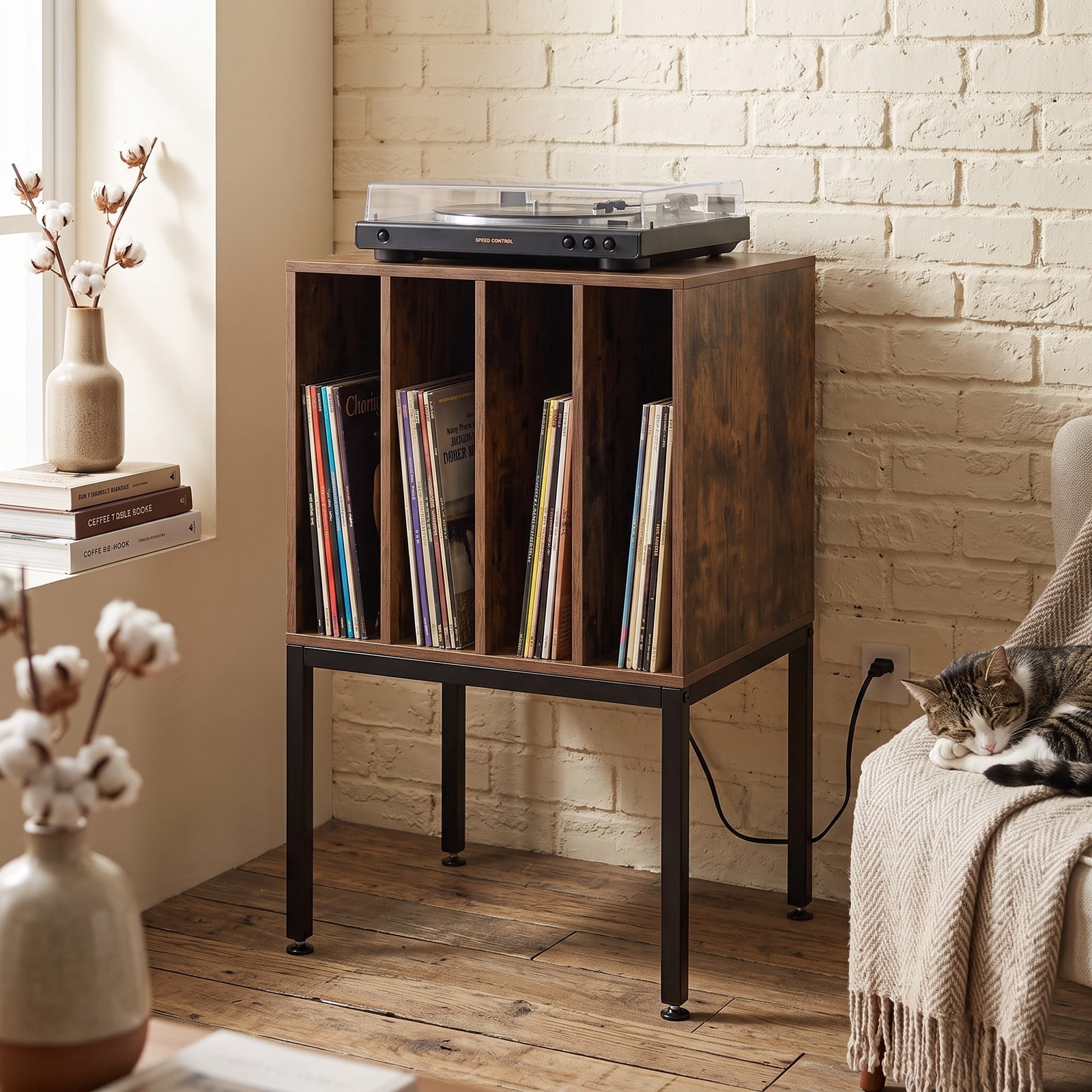 Furnibear Turntable Record Player Stand with Power Outlets, USB Type-C Charging Ports, Vinyl Record Storage Media Console TV Stand for Living Room, Rustic Brown