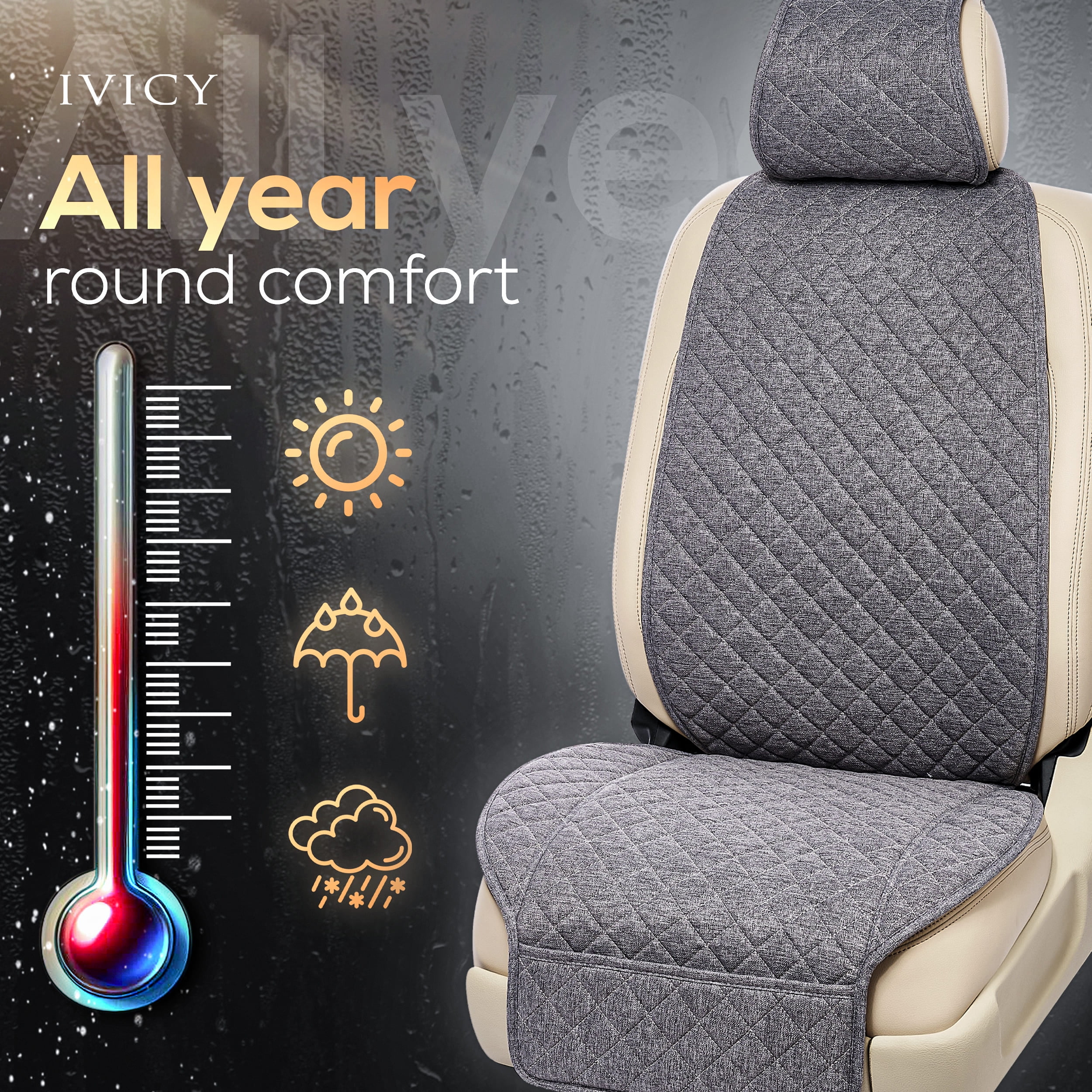 IVICY Faux Linen Front Car Seat Cover – Durable, Non-Slip Seat Protector for Cars – 1 Unit,  Gray