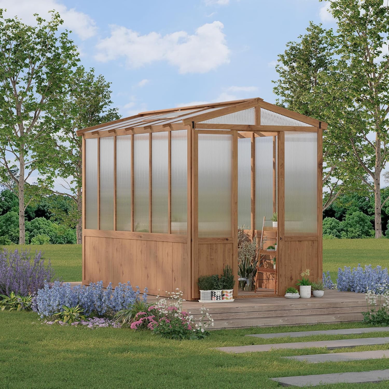 6x10 FT Walk-in Wooden Greenhouse – Cedar Wood Frame, Clear Polycarbonate Panels, Roof Vent, Outdoor Wood Greenhouse for Garden, Backyard & Patio