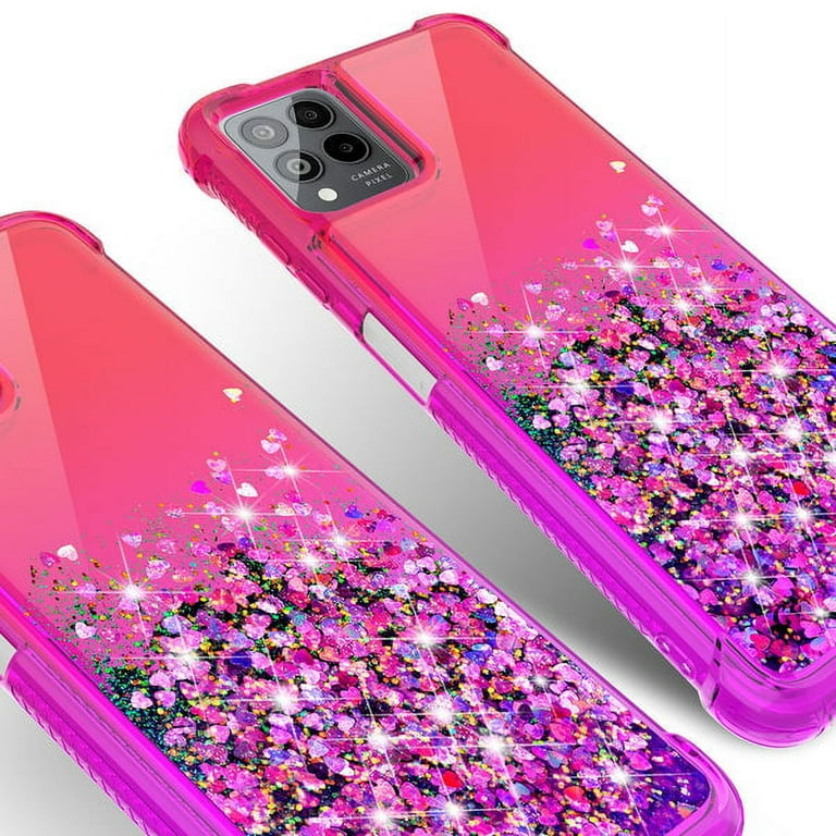 Galaxy Wireless USA for T-Mobile Revvl 6 Pro 5G Case Liquid Glitter Phone Case Cover w/Tempered Glass Screen Protector - Hot Pink/Purple