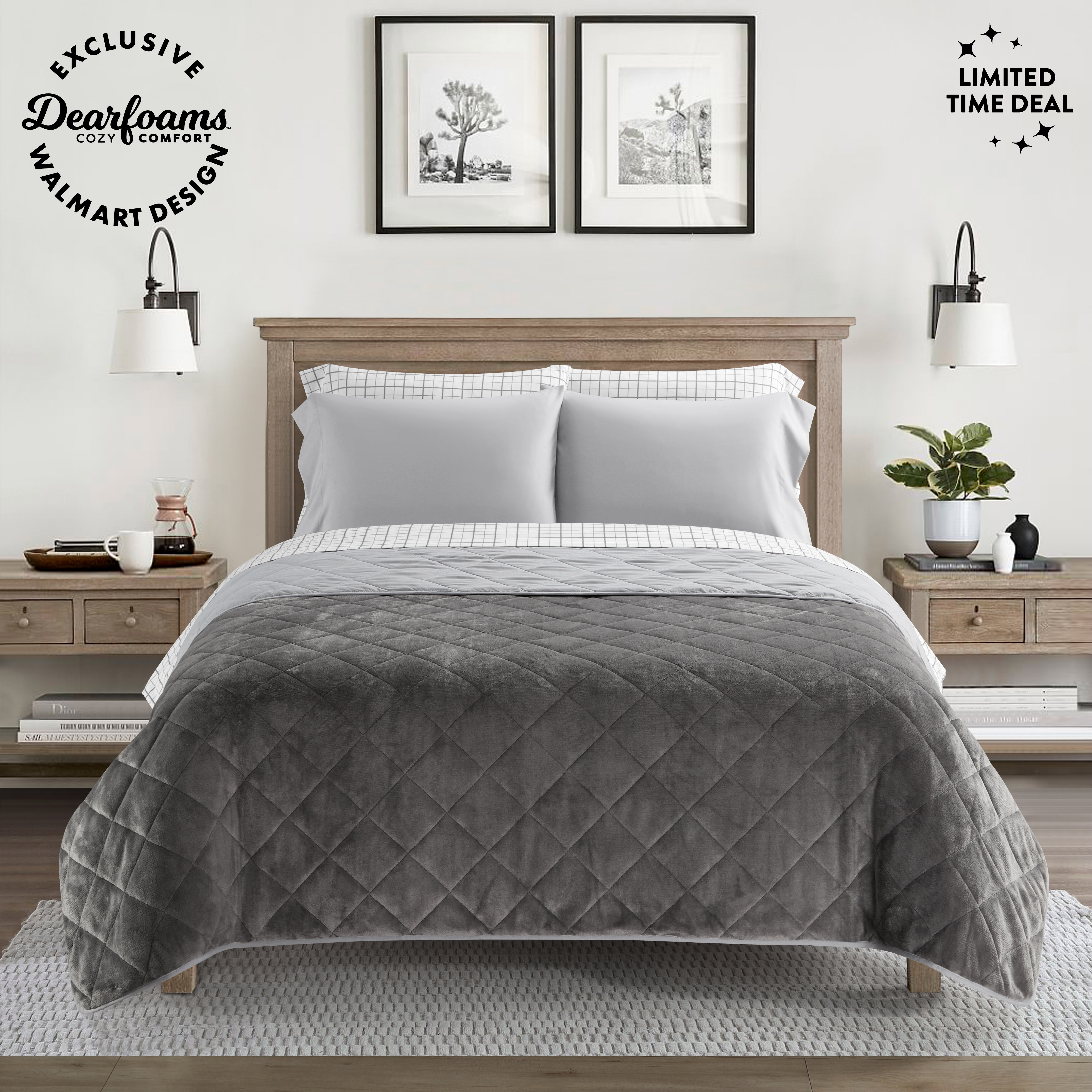 Dearfoams Grey Velvet Plush 7 Piece Quilt Bedding Set with Polyester Sheets, Full
