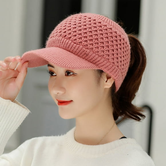 Womens Winter Beanie Hat Warm Knitted Wool Hats Cap With Visor Stretchy Keep Warm Solid Color Autumn Winter Women Sports Cap For Outdoor Baseball Caps hats for men Pink